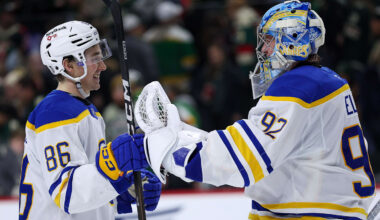 Nov 29, 2025; Saint Paul, Minnesota, USA; Buffalo Sabres center Noah Ostlund (86) and goaltender Colten Ellis (92) celebrate their shootout win against the Minnesota Wild at Grand Casino Arena. Mandatory Credit: Matt Krohn-Imagn Images