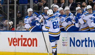 Nov 24, 2025; New York, New York, USA;  St. Louis Blues left wing Dylan Holloway (81) celebrates his goal against the New York Rangers during the first period at Madison Square Garden. Mandatory Credit: Dennis Schneidler-Imagn Images