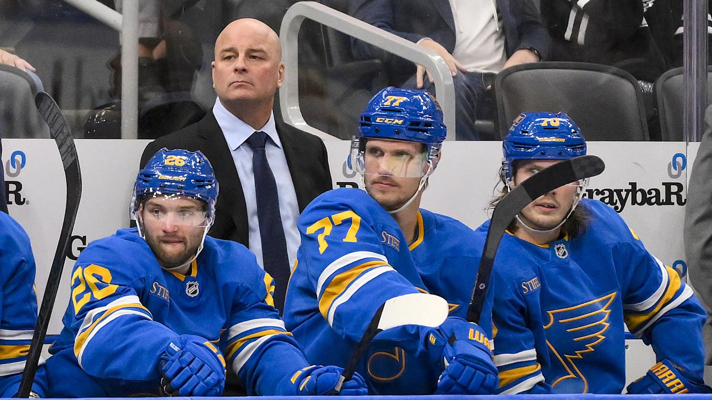 Nov 15, 2025; St. Louis, Missouri, USA; St. Louis Blues head coach Jim Montgomery looks on during the third period against the Vegas Golden Knights at Enterprise Center. Mandatory Credit: Jeff Curry-Imagn Images