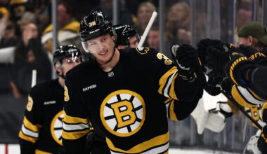 Nov 29, 2025; Boston, Massachusetts, USA; Boston Bruins center Morgan Geekie (39) is congratulated by teammates on the bench after scoring against the Detroit Red Wings during the second period at TD Garden. Mandatory Credit: Winslow Townson-Imagn Images