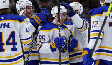 Nov 29, 2025; Saint Paul, Minnesota, USA; Buffalo Sabres center Noah Ostlund (86) is congratulated for his game winning shootout goal against the Minnesota Wild at Grand Casino Arena. Mandatory Credit: Matt Krohn-Imagn Images