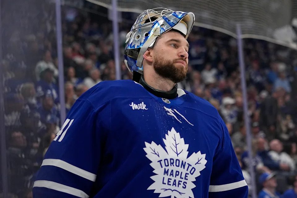 Toronto Maple Leafs goaltender Anthony Stolarz (41) during a break in action.John E. Sokolowski-Imagn Images