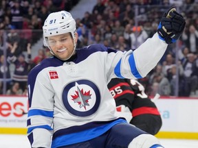 Cole Perfetti of the Winnipeg Jets celebrates