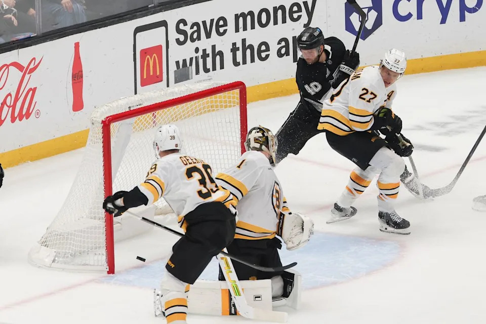 Right wing Joel Armia #40 of the Los Angeles Kings watches the puck cross the goal line after he deflected it to tie the score during an NHL hockey game against the Boston Bruins, Friday November 21, 2025 in Los Angeles, Calif.