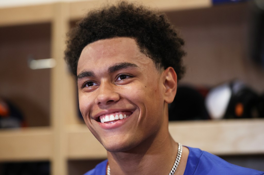 New York Islanders defenseman Kashawn Aitcheson speaks to members of the media in the locker room during Development Camp at Northwell Health Ice Center in East Meadow, N.Y. on Monday, June 30, 2025.