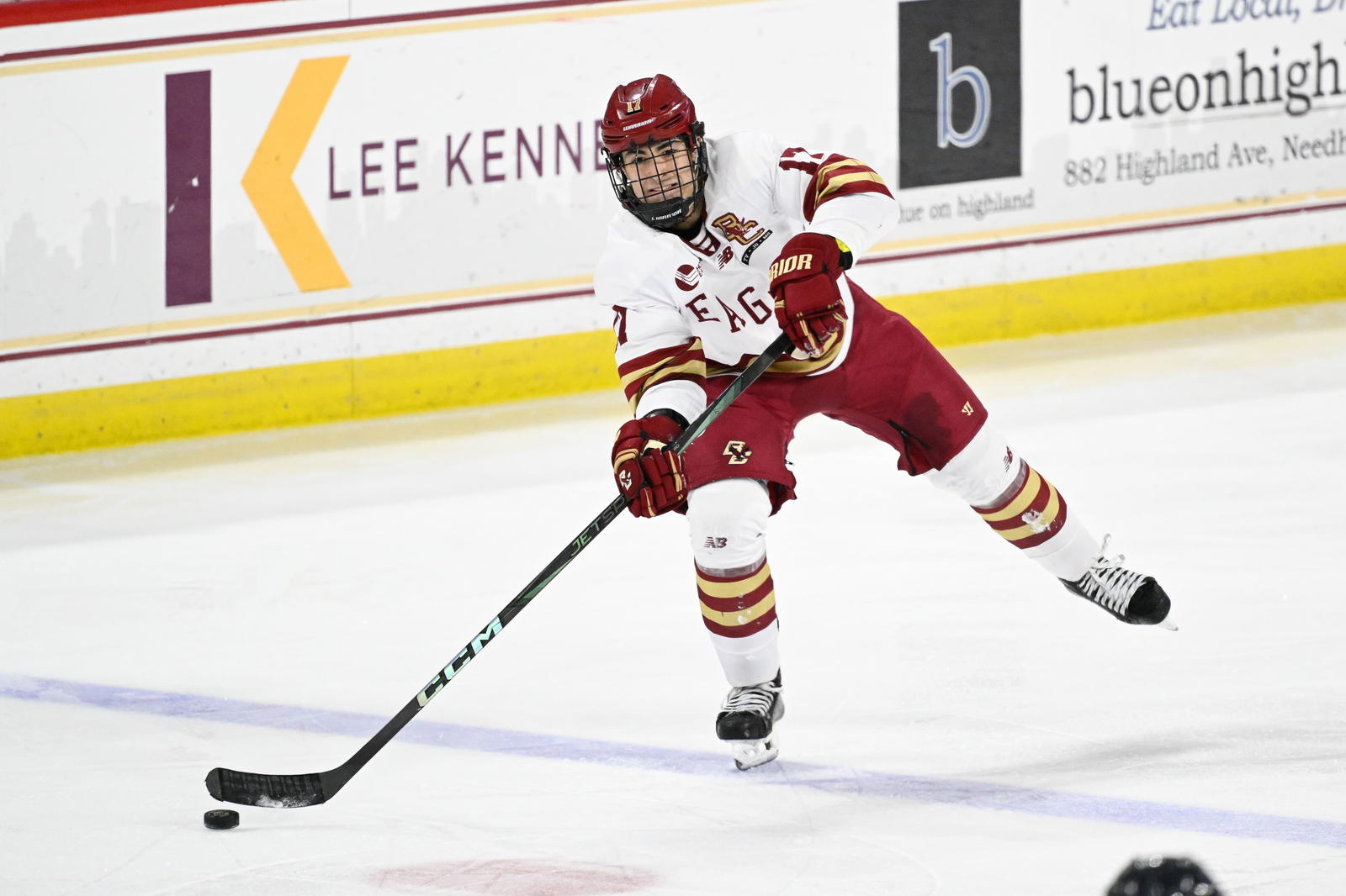 Feb 28, 2025; Chestnut Hill, MA, USA; Boston College defenseman Aram Minnetian (17) passes the puck during the second period against the University of New Hampshire Wildcats at Conte Forum. Mandatory Credit: Eric Canha-Imagn Images