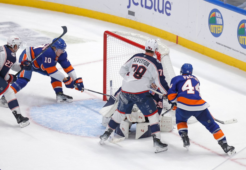 Simon Holmstrom #10 of the New York Islanders scores the game winning goal during the third period when the New York Islanders played the Columbus Blue Jackets Sunday, November 2, 2025 at UBS Arena in Elmont, NY. 