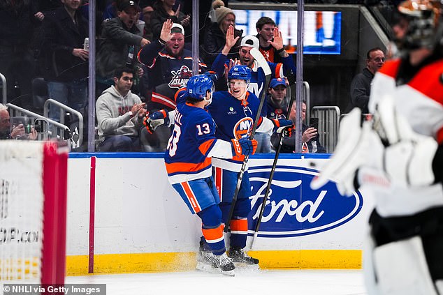 Palmieri's steal set up Emil Heineman's (right) goal in the second period of the 4-3 loss