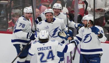 Tampa Bay Lightning center Jack Finley (62) celebrates his goal during the third period of an NHL hockey game against the Florida Panthers, Saturday, Nov. 15, 2025, in Sunrise, Fla. (AP Photo/Marta Lavandier)