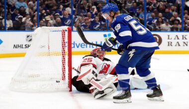Tampa Bay Lightning center Jake Guentzel (59) scores past New Jersey Devils goaltender Jacob Markstrom (25) during the second period of an NHL hockey game Tuesday, Nov. 18, 2025, in Tampa, Fla. (AP Photo/Chris O'Meara)