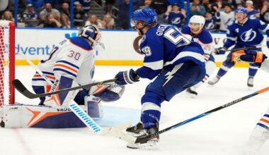 Tampa Bay Lightning center Jake Guentzel (59) scores past Edmonton Oilers goaltender Calvin Pickard (30) during overtime of an NHL hockey game Thursday, Nov. 20, 2025, in Tampa, Fla. (AP Photo/Chris O'Meara)