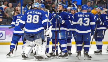 Tampa Bay Lightning goaltender Andrei Vasilevskiy (88) celebrates with teammates after the team defeated the Philadelphia Flyers during an NHL hockey game Monday, Nov. 24, 2025, in Tampa, Fla. (AP Photo/Chris O'Meara)