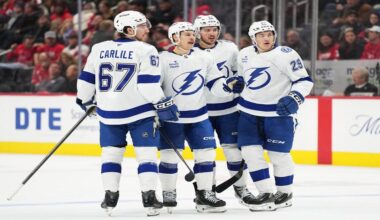 Tampa Bay Lightning center Yanni Gourde, second from left, celebrates with defenseman Declan Carlile, defenseman Charle-Edouard D'Astous, and right wing Pontus Holmberg after scoring during the second period of an NHL hockey game against the Detroit Red Wings Friday, Nov. 28, 2025, in Detroit. (AP Photo/Ryan Sun)
