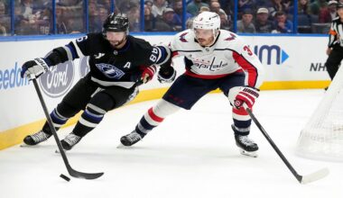 Tampa Bay Lightning right wing Nikita Kucherov (86) works around Washington Capitals defenseman Matt Roy (3) during the second period of an NHL hockey game Saturday, Nov. 8, 2025, in Tampa, Fla. (AP Photo/Chris O'Meara)