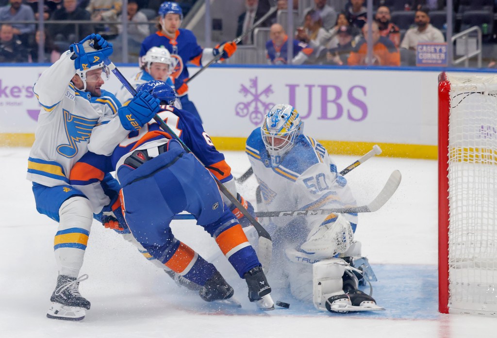 Jordan Binnington #50 of the St. Louis Blues makes a save during the first period on Saturday