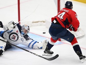 Washington Capitals forwrad Connor McMichael scores