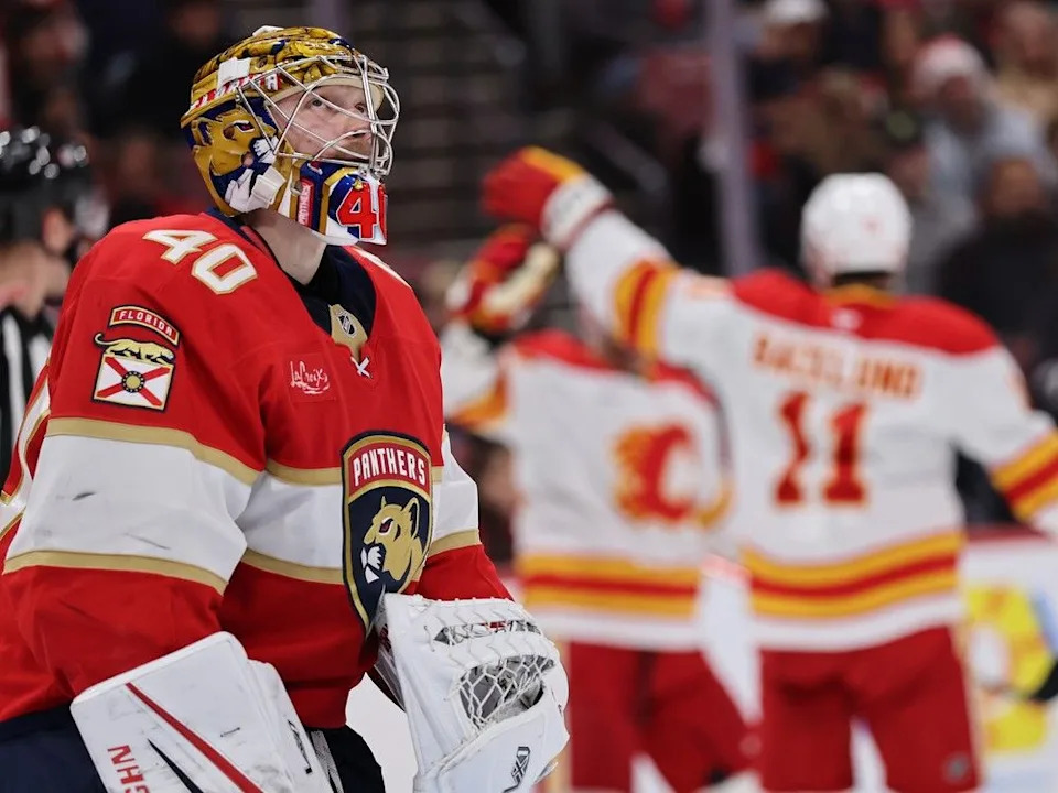  Panthers goaltender Daniil Tarasov looks on after giving up a goal against the Flames.
