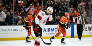 Jonas Siegenthaler reacts after the New Jersey Devils allowed a first-period goal to the Anaheim Ducks.