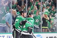 Dallas Stars defenseman Miro Heiskanen (4) cheers as he scores the equalizing goal against...