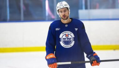 Andrew Mangiapane Oilers practice. Photo by Jim Parsons