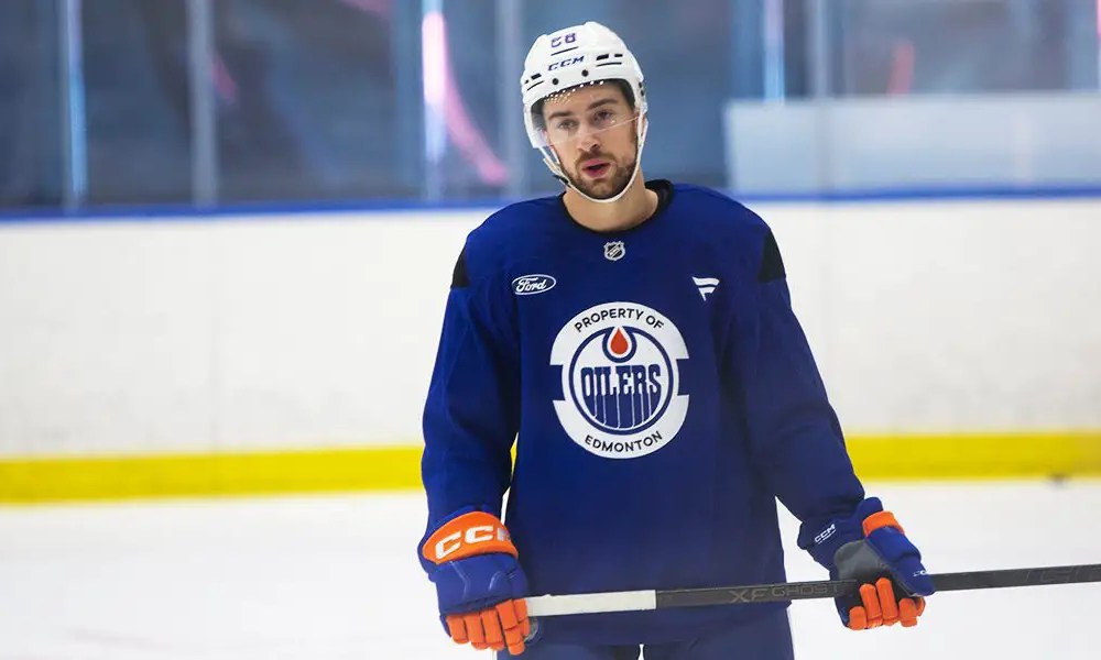 Andrew Mangiapane Oilers practice. Photo by Jim Parsons