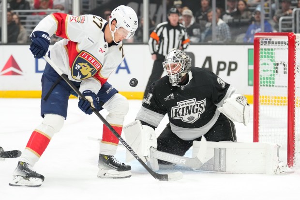 Florida Panthers center Eetu Luostarinen, left, tries to get a...
