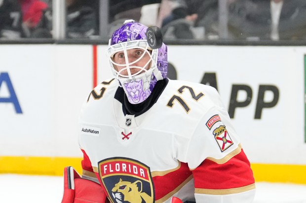 Florida Panthers goaltender Sergei Bobrovsky deflects a shot during the...