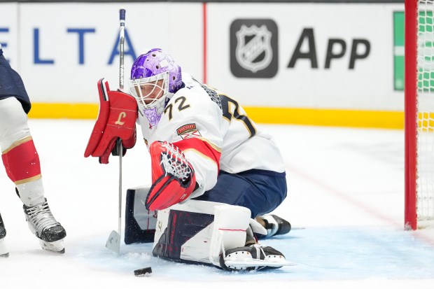 Florida Panthers goaltender Sergei Bobrovsky deflects a shot during the...