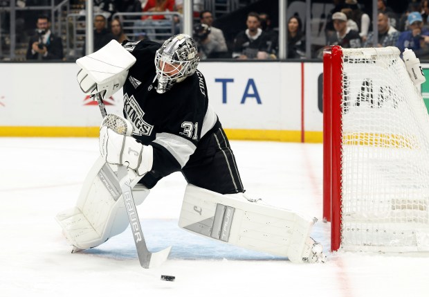 Kings goaltender Anton Forsberg makes a save during the first...