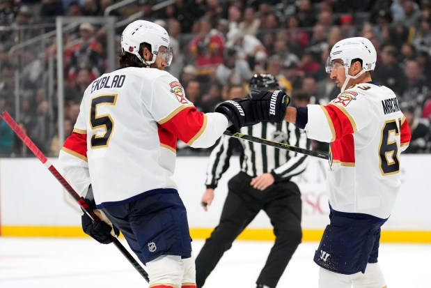 Florida Panthers left wing Brad Marchand, right, celebrates his goal...