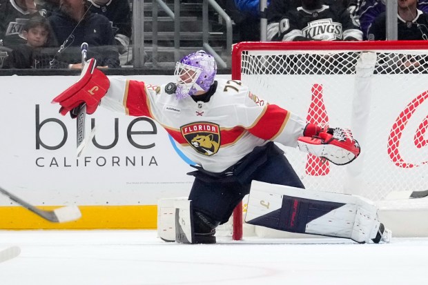 Florida Panthers goaltender Sergei Bobrovsky deflects a shot during the...