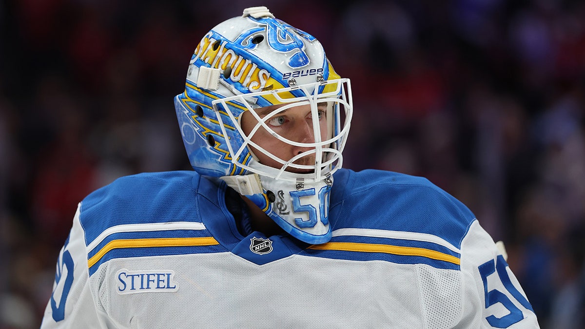Jordan Binnington reacts after a goal is scored