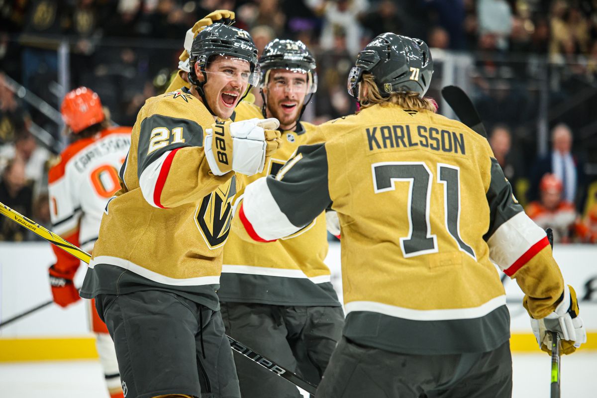 Vegas Golden Knights F Brett Howden (21) celebrates with his teammates after scoring a goal against the Anaheim Ducks on Saturday November 8, 2025, in Las Vegas, Nevada. 