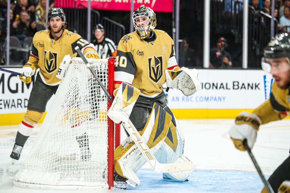 Vegas Golden Knights G Akira Schmid (40) watches for the puck during an NHL game against the Anaheim Ducks on Saturday November 8, 2025, in Las Vegas, Nevada. 