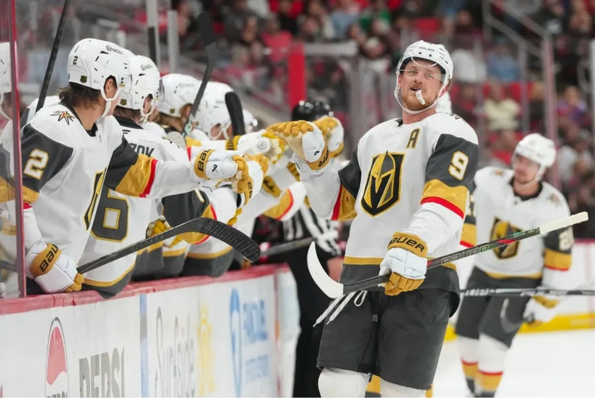 Oct 28, 2025; Raleigh, North Carolina, USA; Vegas Golden Knights center Jack Eichel (9) celebrates his goal against the Carolina Hurricanes during the third period at Lenovo Center. Mandatory Credit: James Guillory-Imagn Images