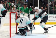 Dallas Stars center Sam Steel (18) reacts after scoring against Seattle Kraken goaltender...