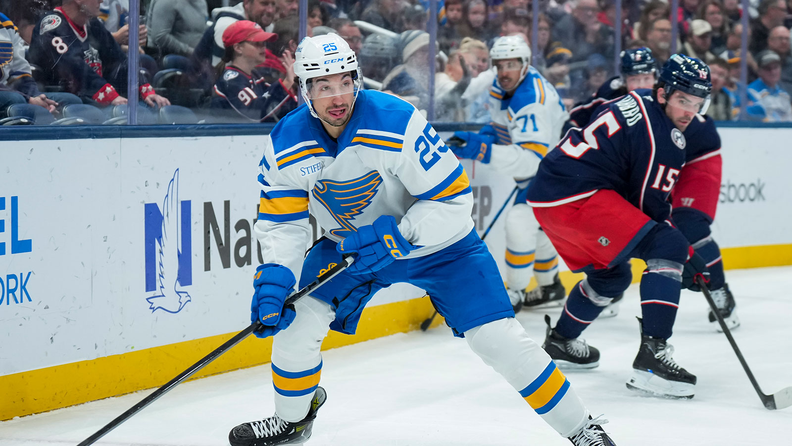 St. Louis Blues right wing Jordan Kyrou (25) skates with the puck against the Columbus Blue Jackets in the first period at Nationwide Arena.