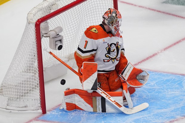 Ducks goaltender Lukas Dostal allows a goal off the stick...