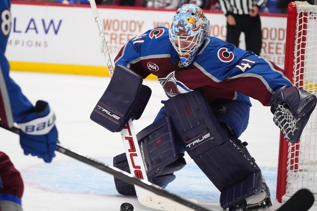 Colorado Avalanche goaltender Scott Wedgewood makes a stick save during...