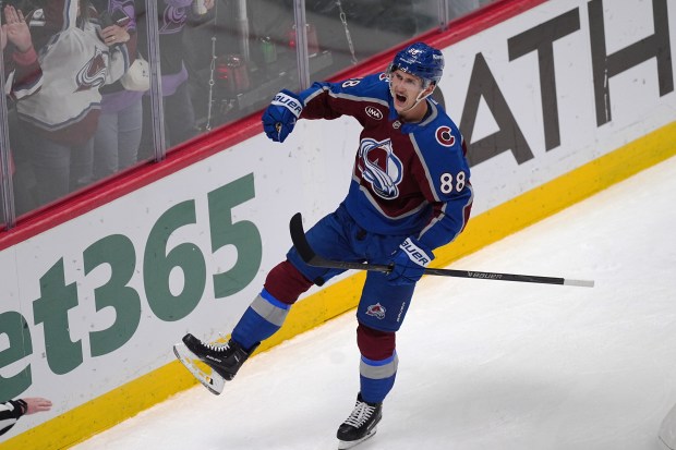 Colorado Avalanche center Martin Necas celebrates after scoring a goal...