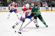 Montreal Canadiens defenseman Alexandre Carrier (45) and Dallas Stars center Wyatt Johnston...