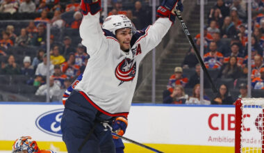 Nov 10, 2025; Edmonton, Alberta, CAN; Columbus Blue Jackets forward Sean Monahan (23) celebrates a goal against Edmonton Oilers goaltender Stuart Skinner (74) during the second period at Rogers Place.