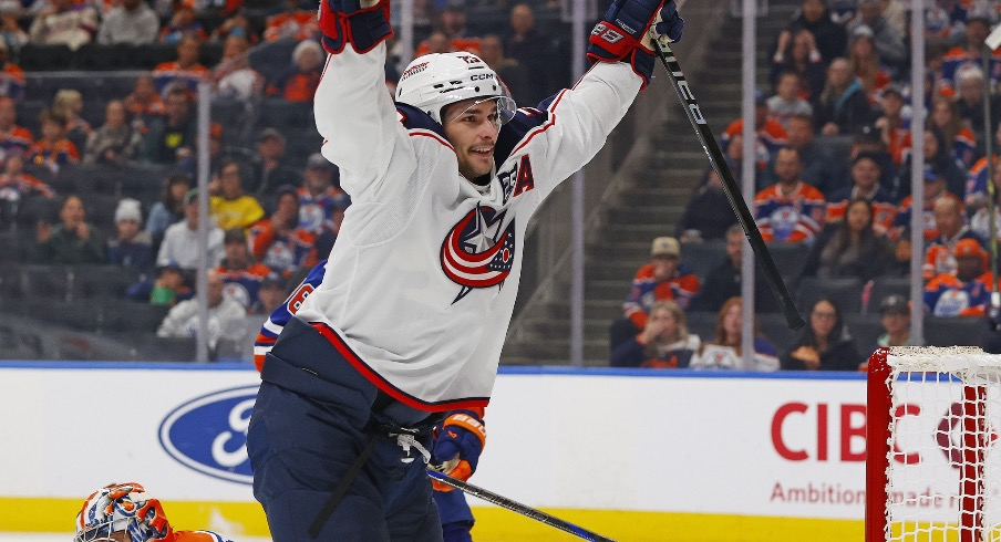 Nov 10, 2025; Edmonton, Alberta, CAN; Columbus Blue Jackets forward Sean Monahan (23) celebrates a goal against Edmonton Oilers goaltender Stuart Skinner (74) during the second period at Rogers Place.