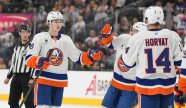 New York Islanders defenseman Matthew Schaefer (48) celebrates after his first-period goal against the Vegas Golden Knights in an NHL hockey game Thursday, Nov. 13, 2025, in Las Vegas. (AP Photo/Candice Ward)