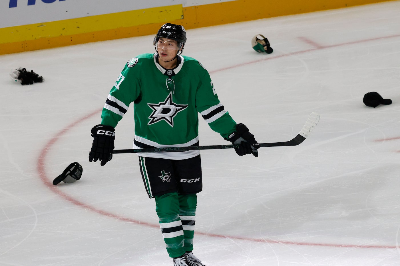 Dallas Stars left wing Jason Robertson (21) is seen after scoring his third goal against the...