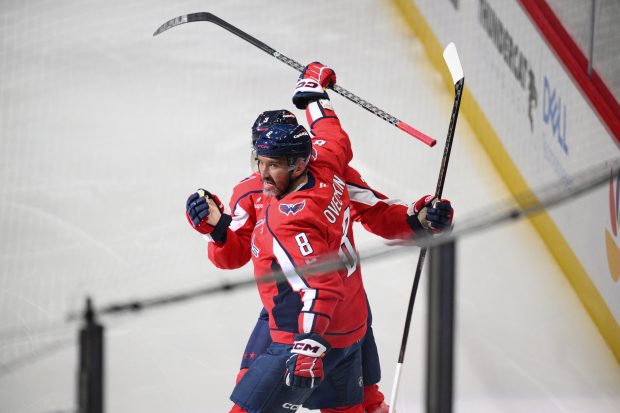 Washington Capitals left wing Alex Ovechkin (8) celebrates his goal...