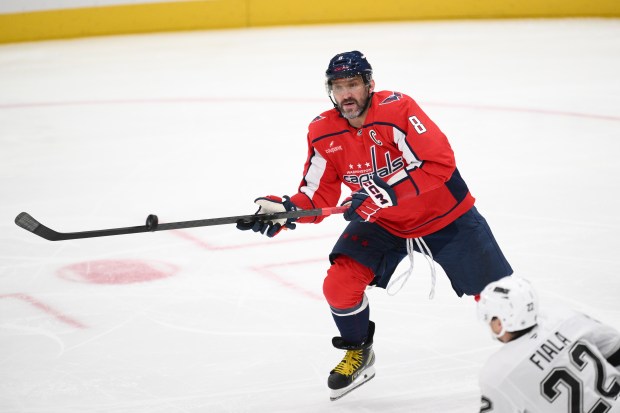 Washington Capitals left wing Alex Ovechkin pursues the puck in...