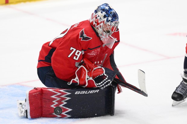 Washington Capitals goaltender Charlie Lindgren stops the puck during the...