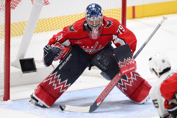 Washington Capitals goaltender Charlie Lindgren stops the puck during the...