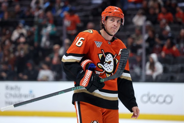 The Ducks’ Ryan Strome looks on during the first period...